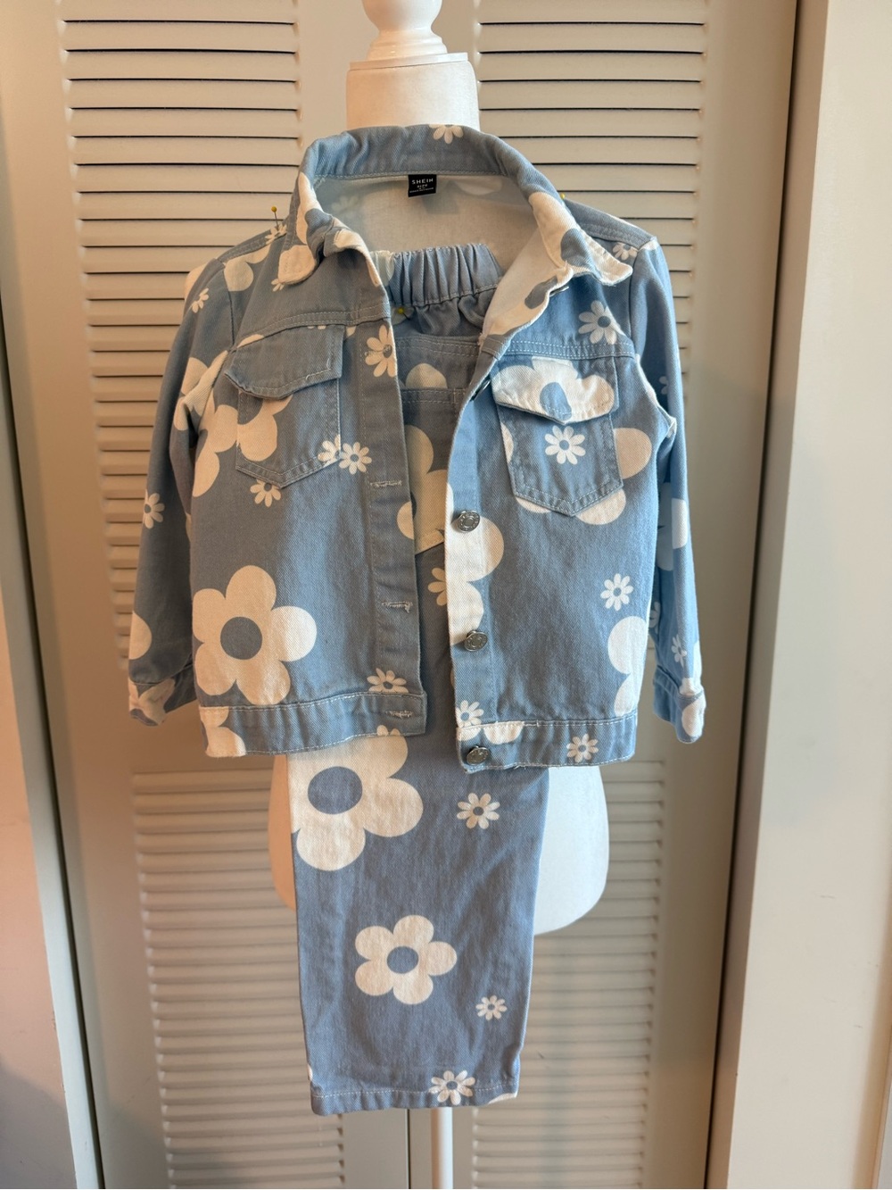 Light Blue and White Floral Denim Jacket Matching Set